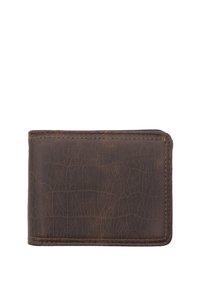 Brown leather wallet with a textured, cracked finish. Features stitched edges, a rectangular shape, and a slim profile.