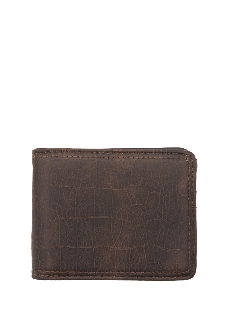 Brown leather wallet with a textured, cracked finish. Features stitched edges, a rectangular shape, and a slim profile.