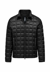 Giacca a vento nera con design trapuntato, chiusura frontale con zip e colletto alto. Realizzata in materiale liscio e leggero.