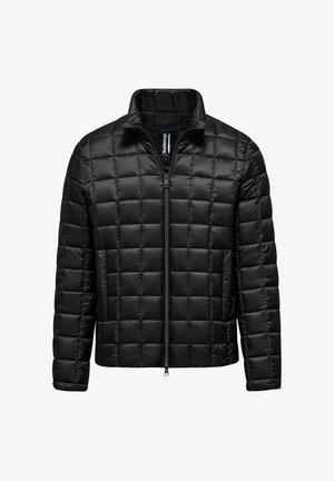 Schwarze Steppjacke mit Steppmuster, Reißverschluss vorne und Stehkragen. Hergestellt aus glattem, leichtem Material.