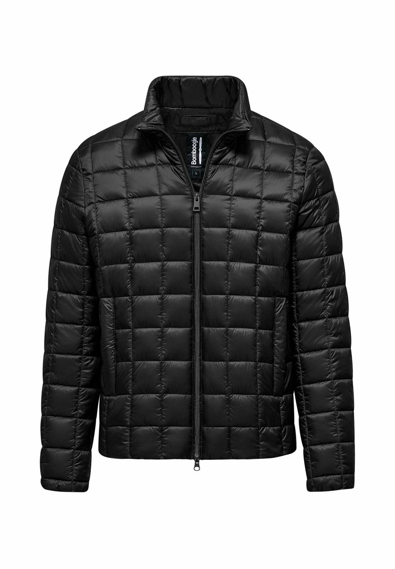 Giacca a vento nera con design trapuntato, chiusura frontale con zip e colletto alto. Realizzata in materiale liscio e leggero.