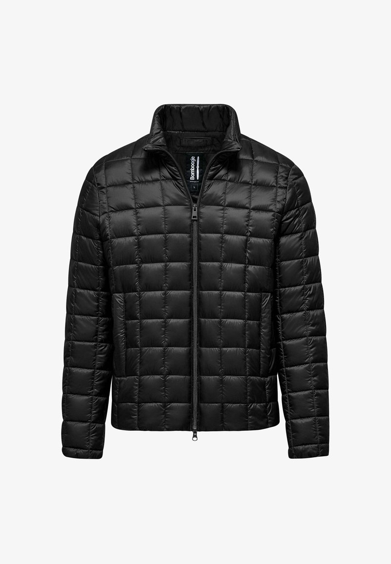 Giacca a vento nera con design trapuntato, chiusura frontale con zip e colletto alto. Realizzata in materiale liscio e leggero.