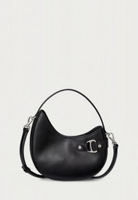 Black leather handbag with a curved shape, short handle, removable shoulder strap, and silver hardware accent. Smooth texture.