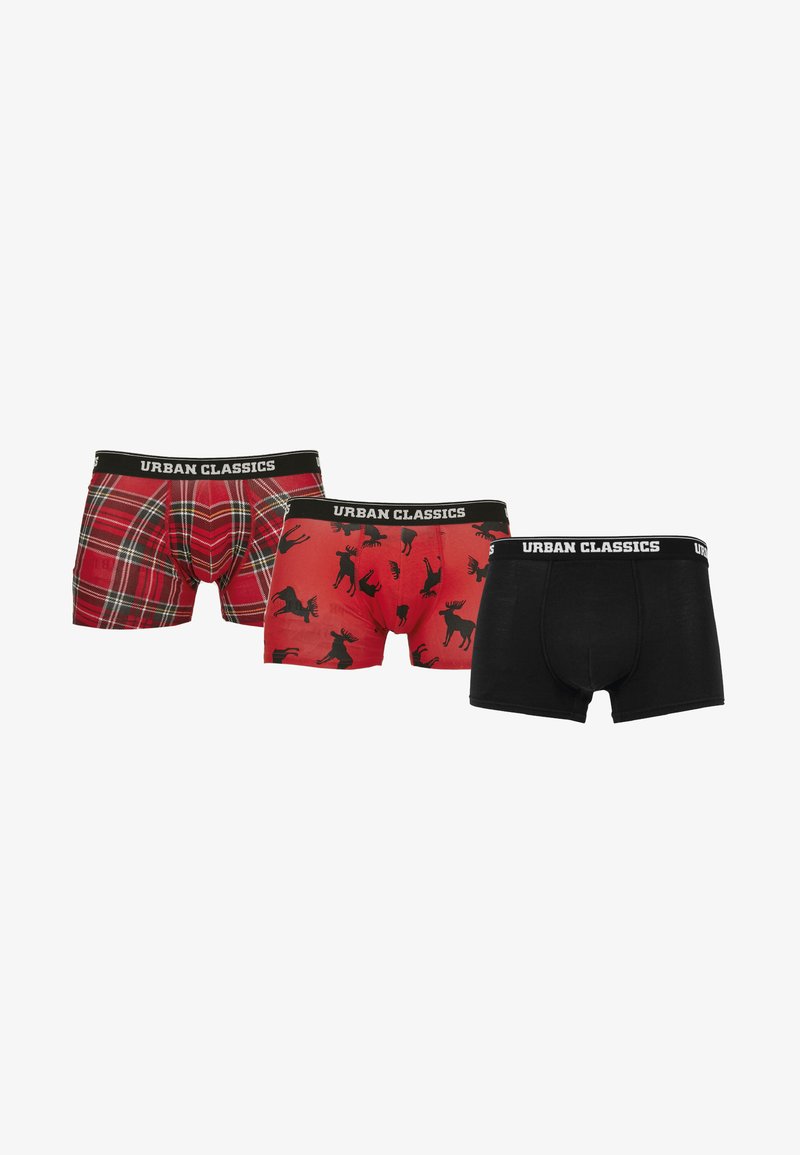 Three pairs of men's boxers: one red plaid, one red with black moose pattern, and one solid black, all featuring Urban Classics branding on the waistband.