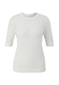 Biały sweter z krótkim rękawem o fakturowanym wzorze dzianiny, okrągłym dekolcie oraz prążkowanych mankietach i dolnym wykończeniu. Lekka i przewiewna tkanina.