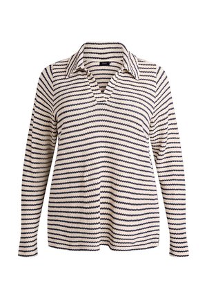 Koszulka z długim rękawem w paski, z dekoltem w szpic, z naprzemiennymi poziomymi paskami w kolorze granatowym i kremowym, wykonana z teksturowanej tkaniny.