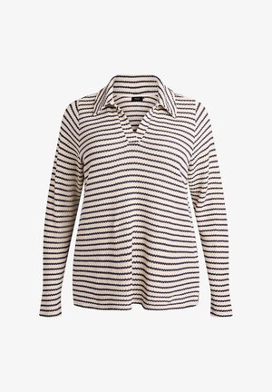 Pruhované pulóvrové tričko s výstrihom do V, s prestriedanými námorníckymi a krémovými horizontálnymi pruhmi a dlhými rukávmi z textúrovaného materiálu.