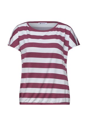 Casual top med korte ærmer med horisontale hvide og burgunderrøde striber og rund halsudskæring.