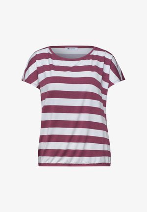Casual top met korte mouwen met horizontale witte en bordeaux strepen en een ronde halslijn.