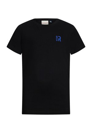 T-shirt nera in cotone con collo a giro e maniche corte. Un logo blu con la lettera "R" è stampato sulla zona sinistra del petto.