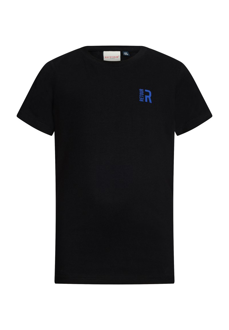 Czarny bawełniany t-shirt z okrągłym dekoltem i krótkim rękawem. Na lewej piersi znajduje się niebieskie logo "R".