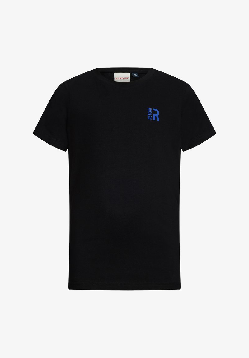 Czarny bawełniany t-shirt z okrągłym dekoltem i krótkim rękawem. Na lewej piersi znajduje się niebieskie logo "R".