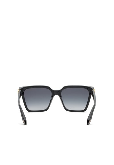 Lunettes de soleil noires à monture carrée avec verres dégradés foncés et branches légèrement courbées, vues de face sur fond blanc.