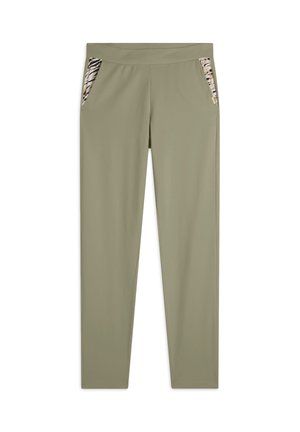 Pantaloni verde oliva con una texture liscia, dotati di tasche laterali foderate con un tessuto a fantasia. Design a gamba dritta con una cintura comoda.