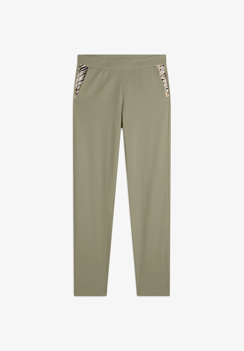 Pantalones verde oliva con una textura suave, que cuentan con bolsillos laterales forrados con una tela estampada. Diseño de pierna recta con una cinturilla cómoda.