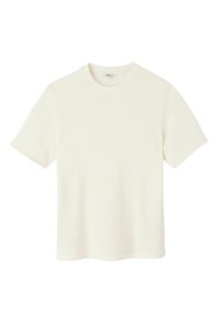 T-shirt à col rond à manches courtes en blanc cassé, en tissu texturé avec une finition lisse. Coupe classique, sans motifs ni embellissements.