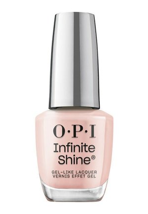 Flacon de vernis à ongles effet gel rose pâle OPI Infinite Shine avec un bouchon argenté réfléchissant sur fond blanc.