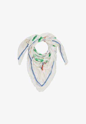 Foulard en soie présentant une base blanche avec des motifs verts et rouges, agrémenté de bords bleu et blanc et de bords effilochés. Forme triangulaire.