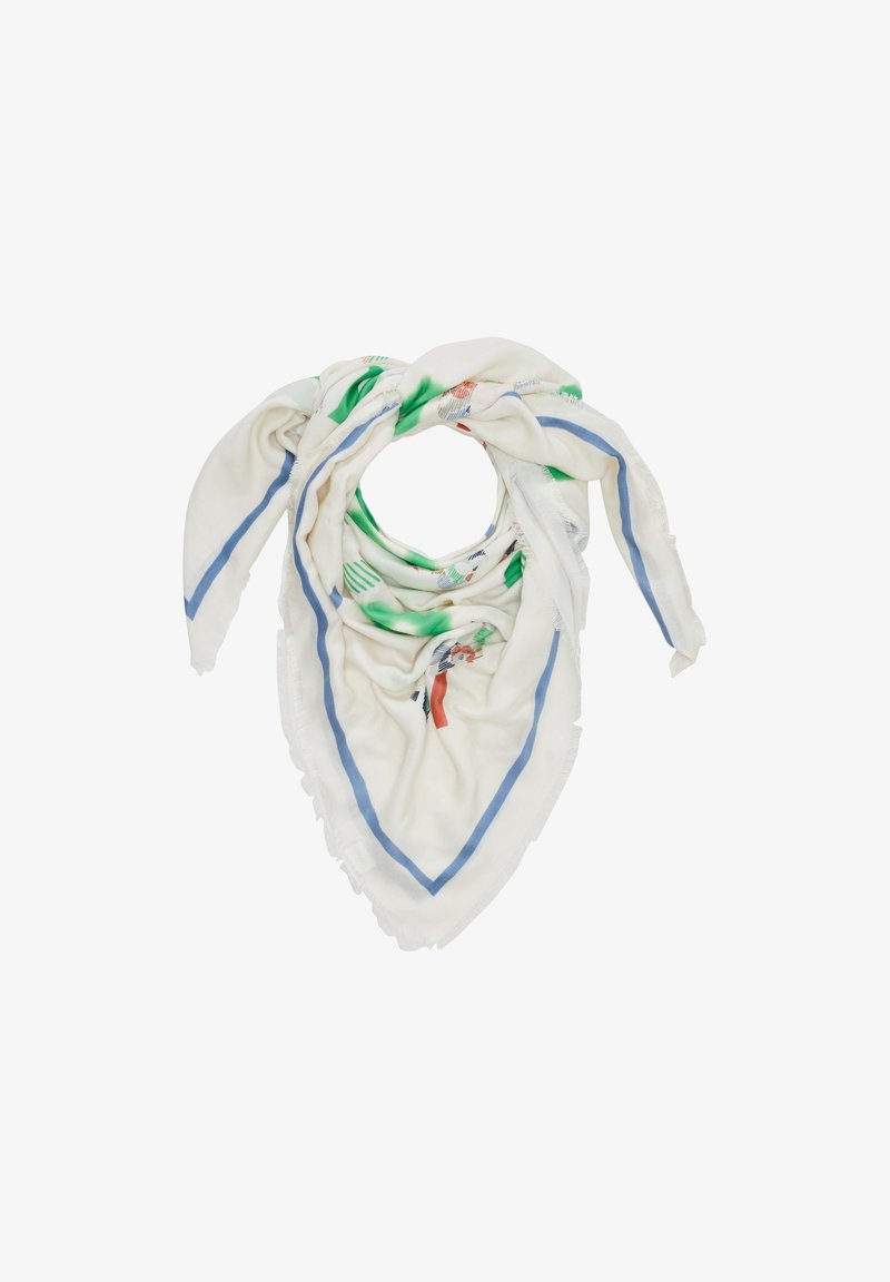 Foulard en soie présentant une base blanche avec des motifs verts et rouges, agrémenté de bords bleu et blanc et de bords effilochés. Forme triangulaire.