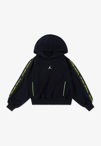 Hanorac cu gluga de culoare bleumarin, cu un logo alb pe piept și detalii de culoare verde neon pe mâneci. Are un croi lejer și buzunare laterale.