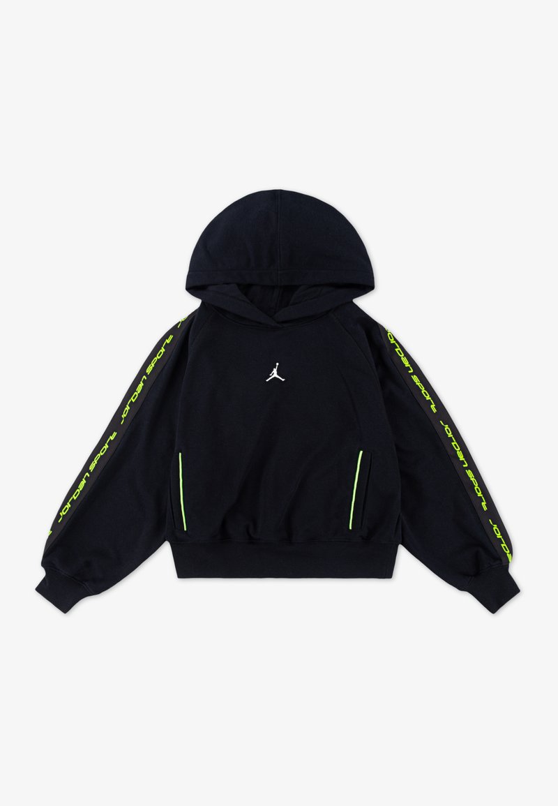Hanorac cu gluga de culoare bleumarin, cu un logo alb pe piept și detalii de culoare verde neon pe mâneci. Are un croi lejer și buzunare laterale.
