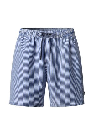 Blauwe en witte casual shorts met verticale strepen, elastische tailleband en zwart trekkoord aan de voorkant.