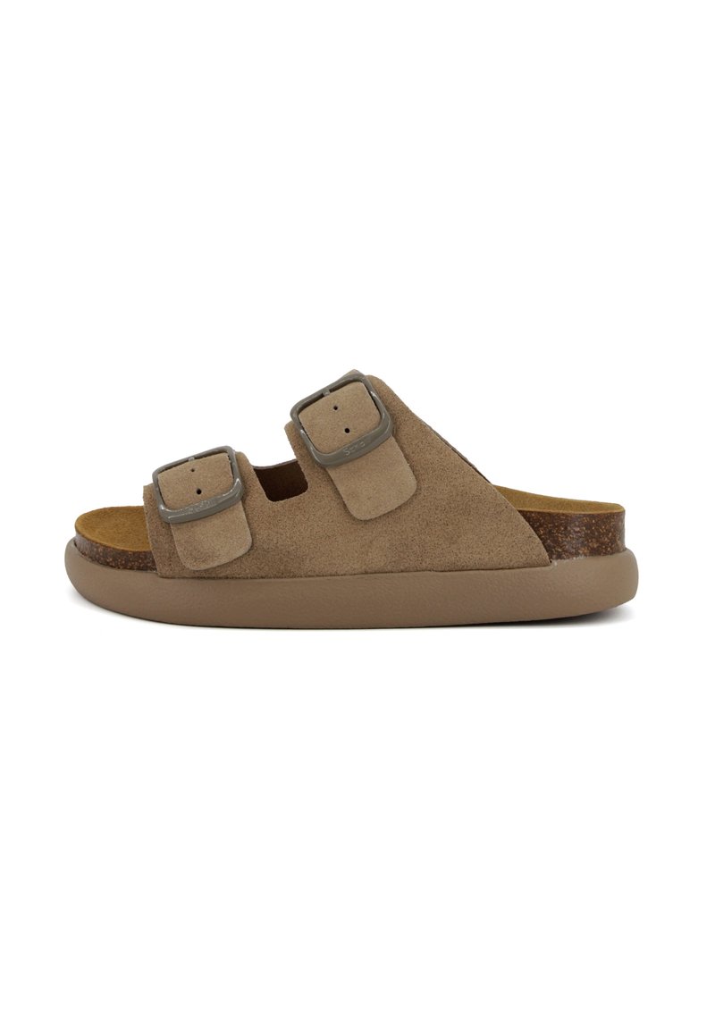 Sandali scivolati in suede marrone con due cinturini regolabili a fibbia, una soletta morbida e testurizzata e una suola in gomma resistente con una leggera curvatura.
