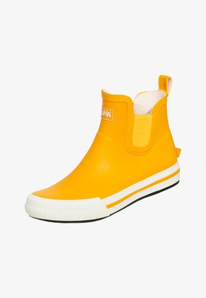 Yellow rubber ankle boots with elastic side panels, white striped sole, textured toe cap, and pull tab at the back.