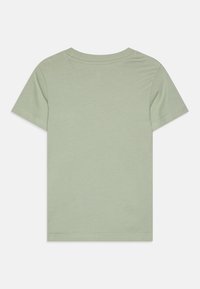 Camiseta de manga corta verde claro, fabricada en suave algodón, con cuello redondo y dobladillo limpio sin patrones o adornos visibles.