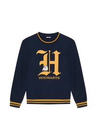 Felpa blu navy con polsini e orlo a righe gialle, grande "H" gialla e testo "Hogwarts", e una piccola illustrazione di un gufo bianco sul davanti.