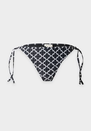 Bas de bikini noir et blanc à motifs avec liens latéraux et petite étiquette de marque blanche au centre de la ceinture avant.