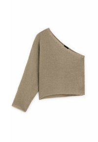 Pull en tricot à une manche de couleur beige, présentant un design asymétrique et une finition texturée. Style décontracté avec une coupe ample.