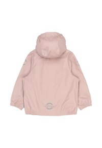 Svetlo roza vodoodporna jakna s kapuco, elastičnimi manšetami in logotipom na hrbtni strani. Na rokavih ima odsevnike. Gladke teksture.