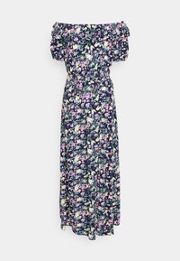 Kwiecista sukienka maxi z odkrytymi ramionami, falbanistym dekoltem, na ciemnonawowym tle oraz kolorowymi wzorami kwiatów.