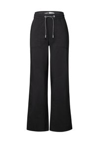 Black wide-leg pants made of lightweight fabric. Features an elastic waistband with drawstring and two front pockets.