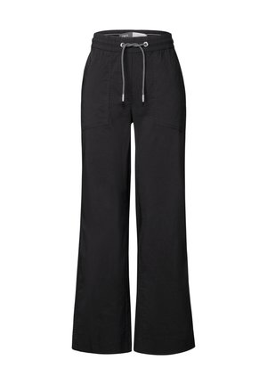 Pantalon large noir en tissu léger. Équipé d'une taille élastique avec cordon de serrage et de deux poches avant.