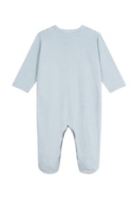 Body per neonati a righe blu in morbido tessuto, con maniche lunghe e design con piedi per il calore. Semplice scollo rotondo senza chiusure.