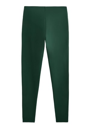 Colanți verde închis, confecționați dintr-un material elastic, având o textură netedă, o formă ajustată și fără cusături sau buzunare vizibile.