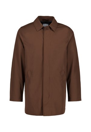 Brauner Herrenmantel mit langen Ärmeln, Kragen, verdeckten Knöpfen vorne und zwei Seitentaschen.