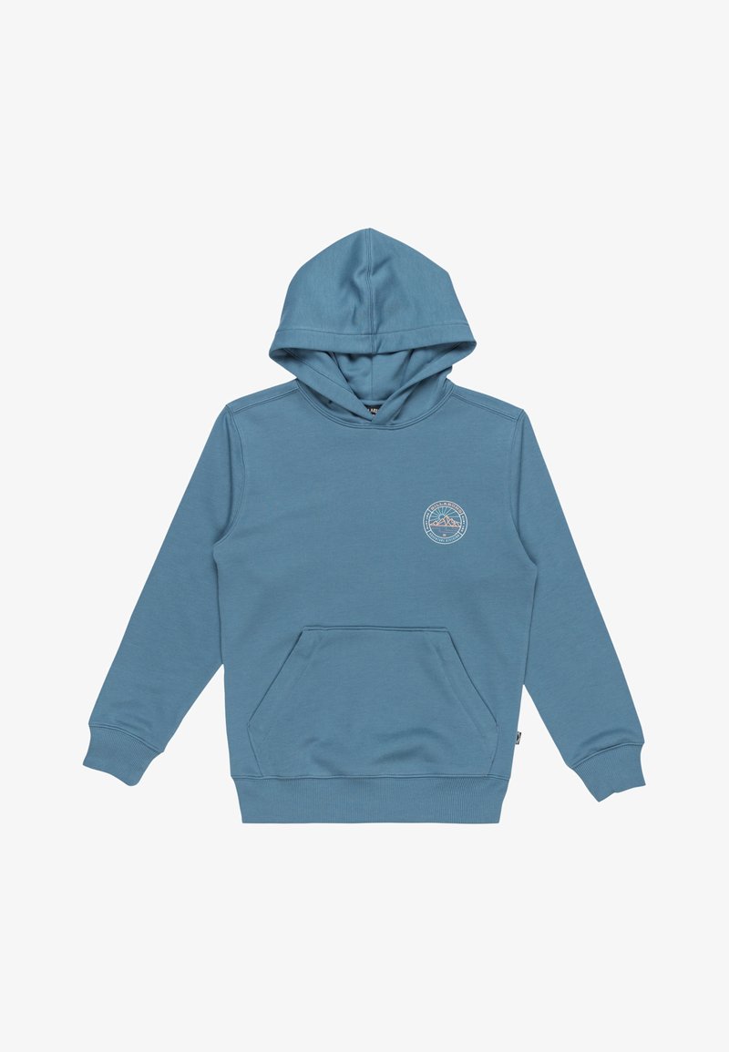 Blaue Kapuzenjacke aus weichem Baumwollstoff, mit einer vorderen Kängurutasche und einem kreisförmigen Logo auf der linken Brustseite.