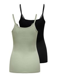 Δύο γυναικεία αμάνικα τοπ με λεπτές τιράντες, ένα σε ανοιχτό πράσινο και ένα μαύρο με δαντελένια λεπτομέρεια στο ντεκολτέ, απεικονίζονται σε λευκό φόντο.
