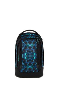 Black backpack with blue and teal symmetrical abstract pattern, multiple zippered compartments, and padded top handle.