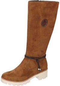 Knee-high brown suede boot with a textured finish, rubber sole, decorative tie near the ankle, and embossed logo on the shaft.