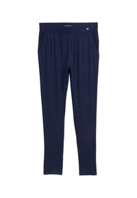 Pantaloni blu navy realizzati in materiale morbido e elastico; presentano una vita elasticizzata e tasche laterali; texture liscia con una vestibilità sartoriale.