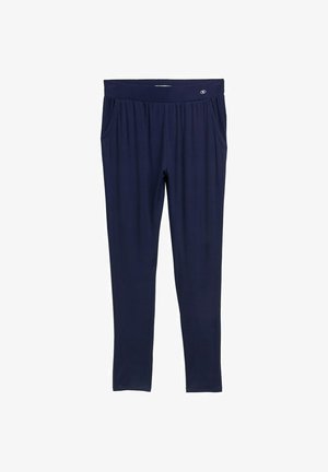 Marinblå byxor i mjukt, elastiskt material; har ett elastiskt midjeband och sidofickor; slät textur med skräddarsydd passform.