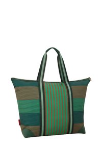Striped tote bag featuring green, brown, and teal colors; smooth fabric; two top handles; zippered closure; rectangular shape.