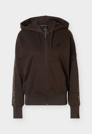 adidas Sportswear, SEASONAL ESSENTIALS ANIMAL PRINT 3-STRIPES FULL-ZIP HOODED TRACK TOP - Lukuga pusa - aurora coffee/multi-coloured/preloved brown