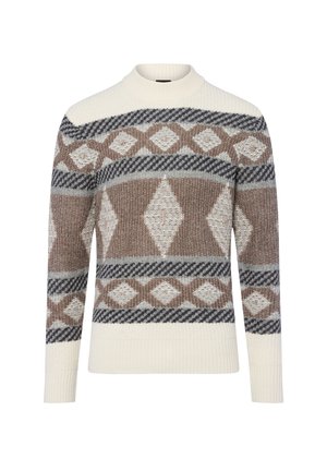 Strickpullover mit hochgeschlossenem Kragen, der ein geometrisches Muster in Beige, Braun und Grau aufweist. Die gerippten Bündchen und der Saum sorgen für eine strukturierte Optik.