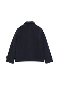 Cappotto di lana blu scuro con colletto classico, polsini bottonati e un taglio dritto con cuciture minime e senza hardware visibile sul retro.