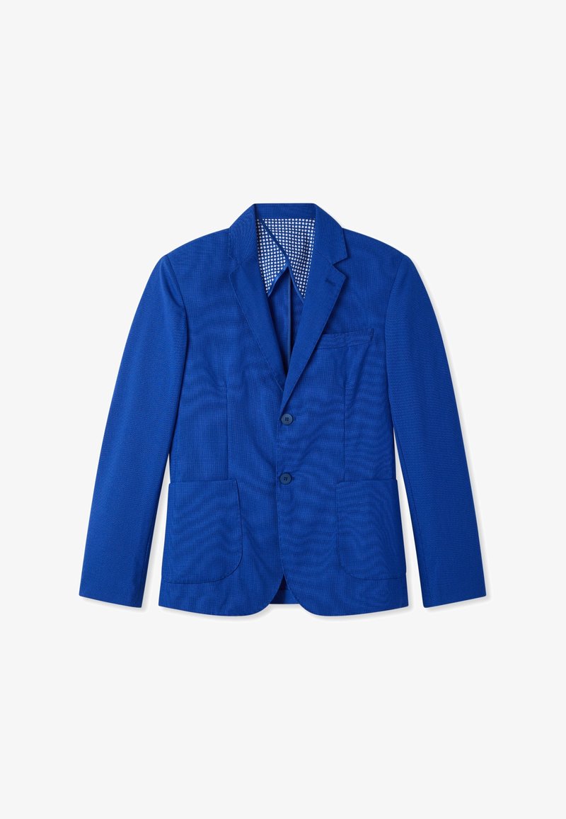 Blazer blu brillante con tessuto a trama, design monopetto, due tasche frontali e rivestimento a motivo checked.